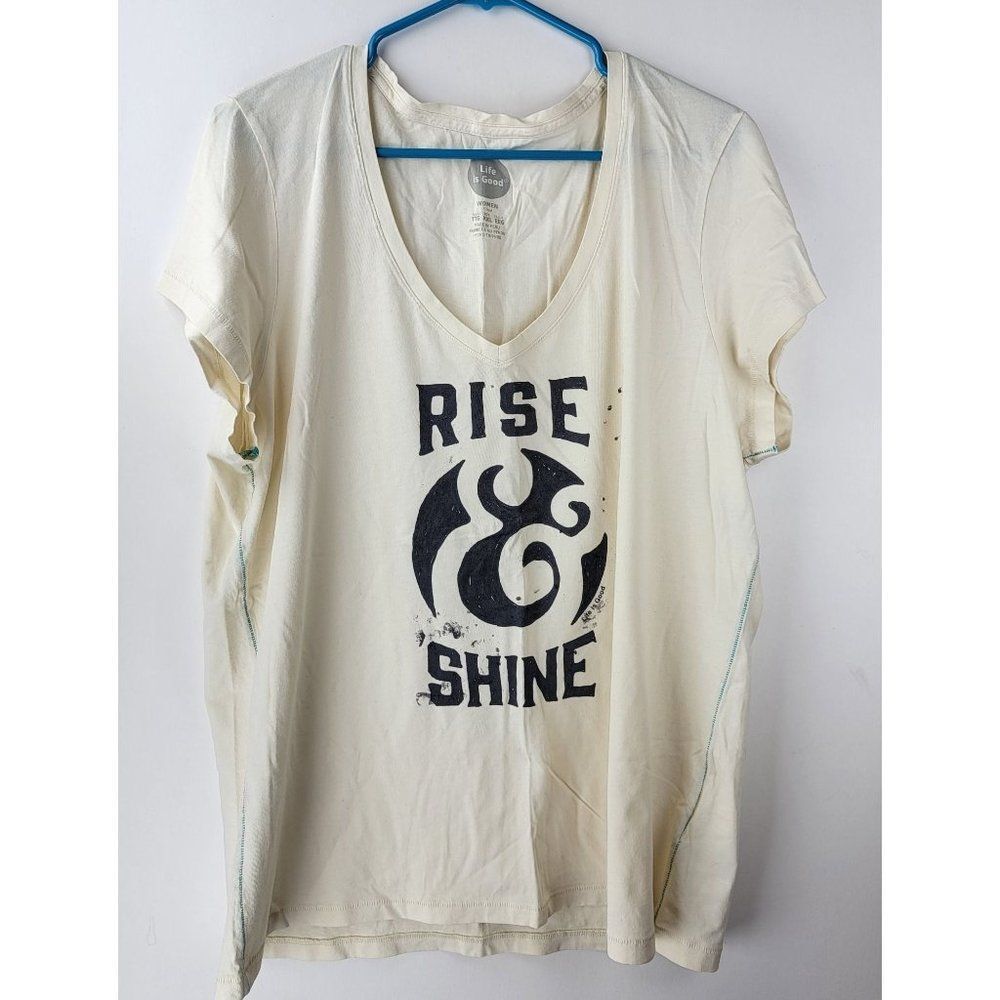 Life is Good Womens XXL Off White "Rise and Shine" Fitted V Neck Cool TShirt